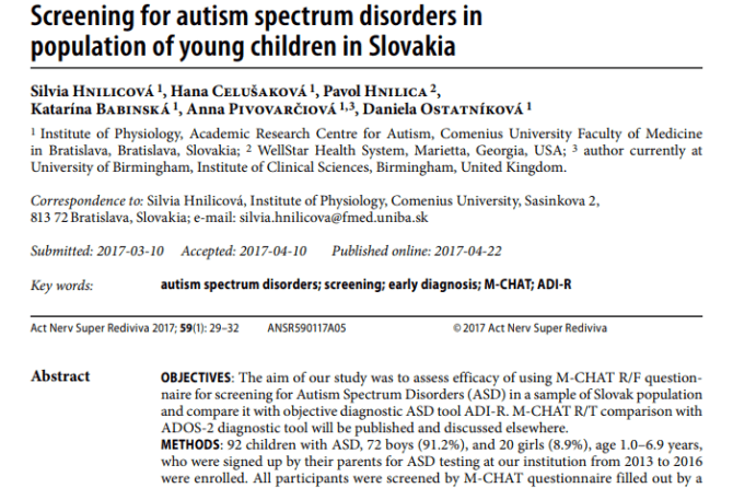 Screening for autism spectrum disorders inpopulation of young children in Slovakia