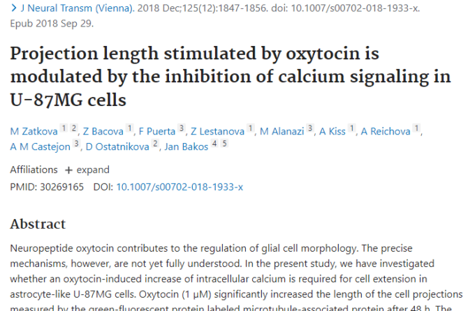 Projection length stimulated by oxytocin is modulated by the inhibition of calcium signaling in U-87MG cells
