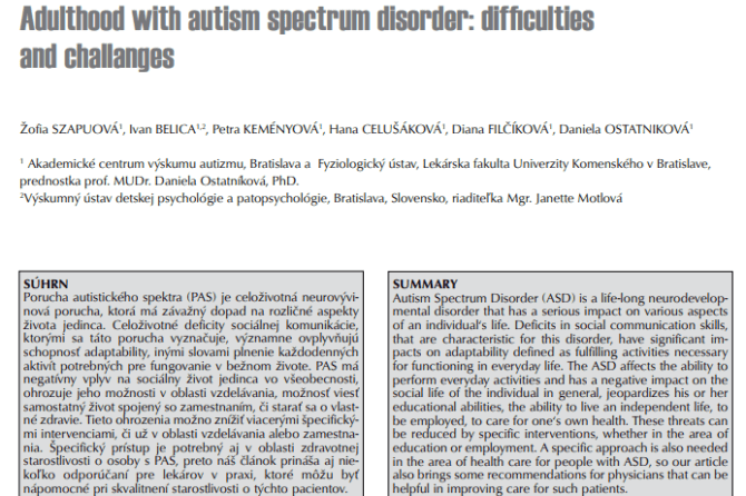 Adulthood with autism spectrum disorder: difficulties and challenges (Život s poruchou autistického spektra v dospelosti: problémy a výzvy)