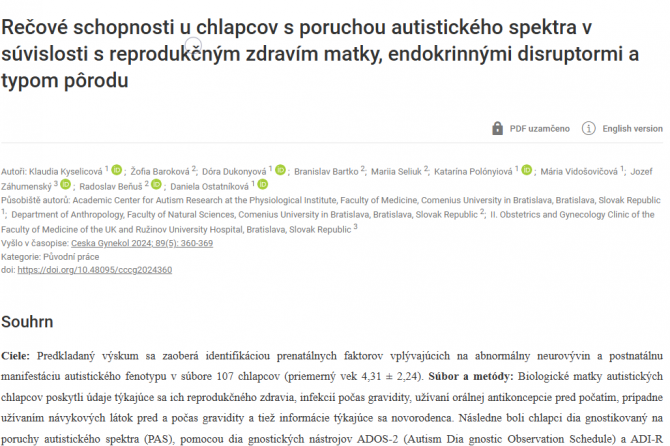 Rečové schopnosti u chlapcov s poruchou autistického spektra v súvislosti s reprodukčným zdravím matky, endokrinnými disruptormi a typom pôrodu